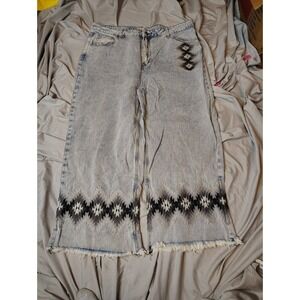 Vintage Y2K Crazy Train Jeans Women's 38x25 Blue Embroidered Aztec Baggy Wide